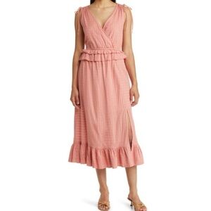 New Caslon Tie Strap Faux Wrap Ruffle Slit Dobby Dress Pink Desert Size Small